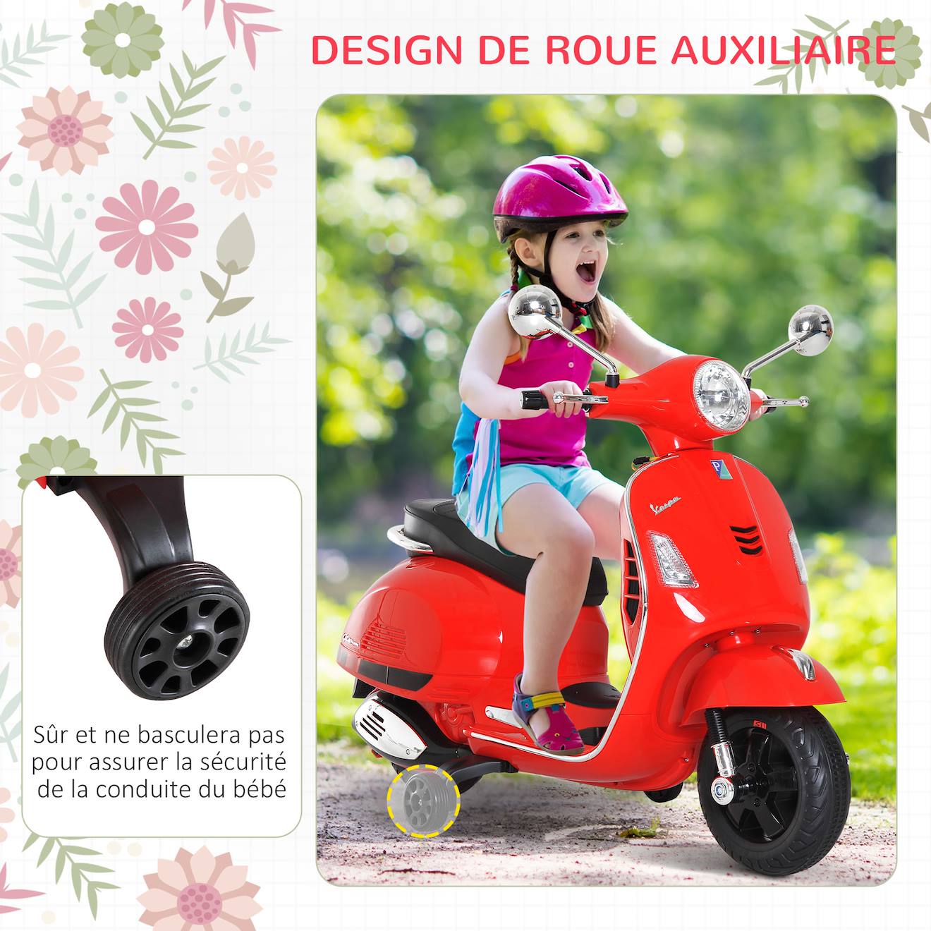 Scooter moto électrique enfant vespa 6v musique MP3 port USB klaxon phare feu ar rouge