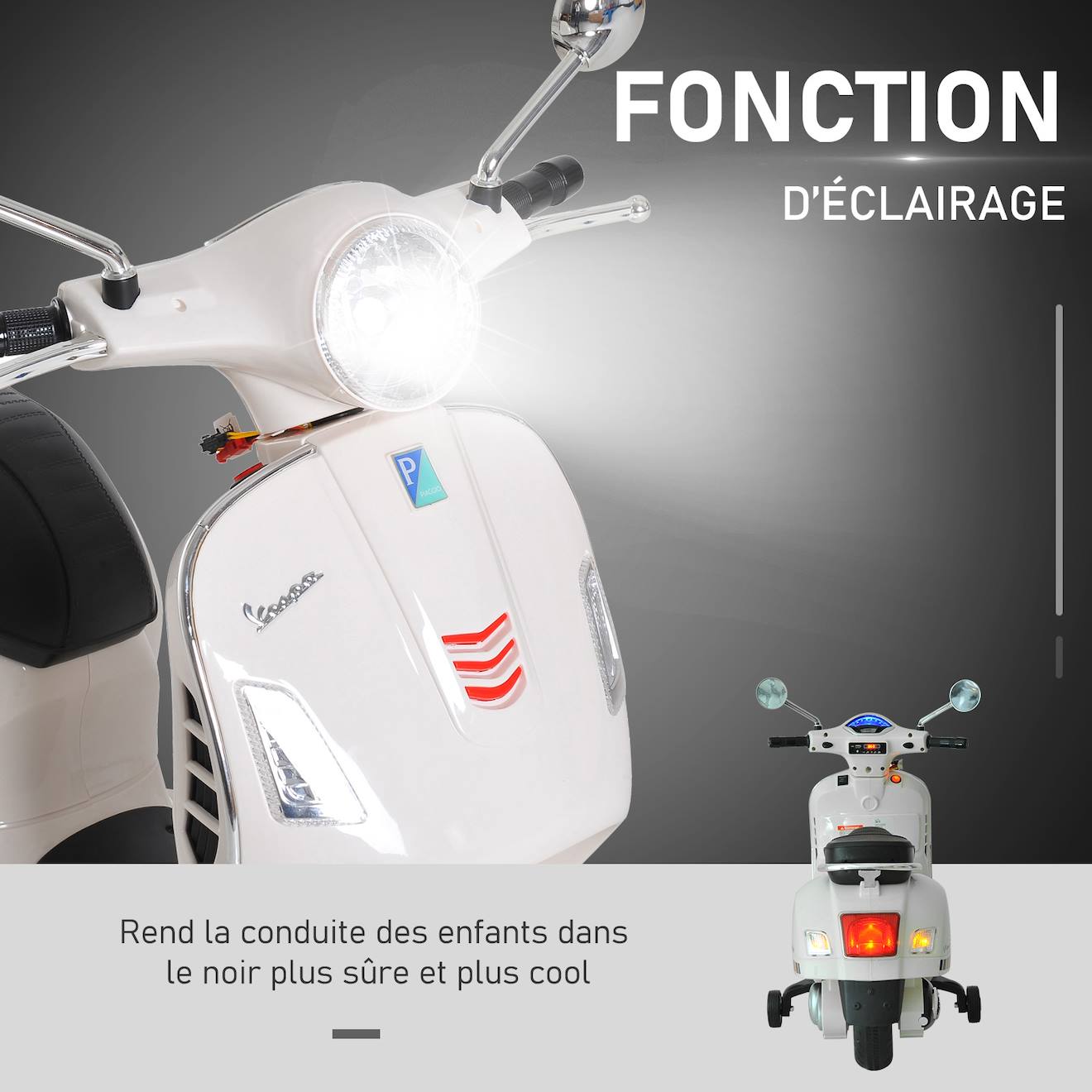 Scooter moto électrique enfant vespa 6v musique MP3 port USB klaxon phare feu ar blanc