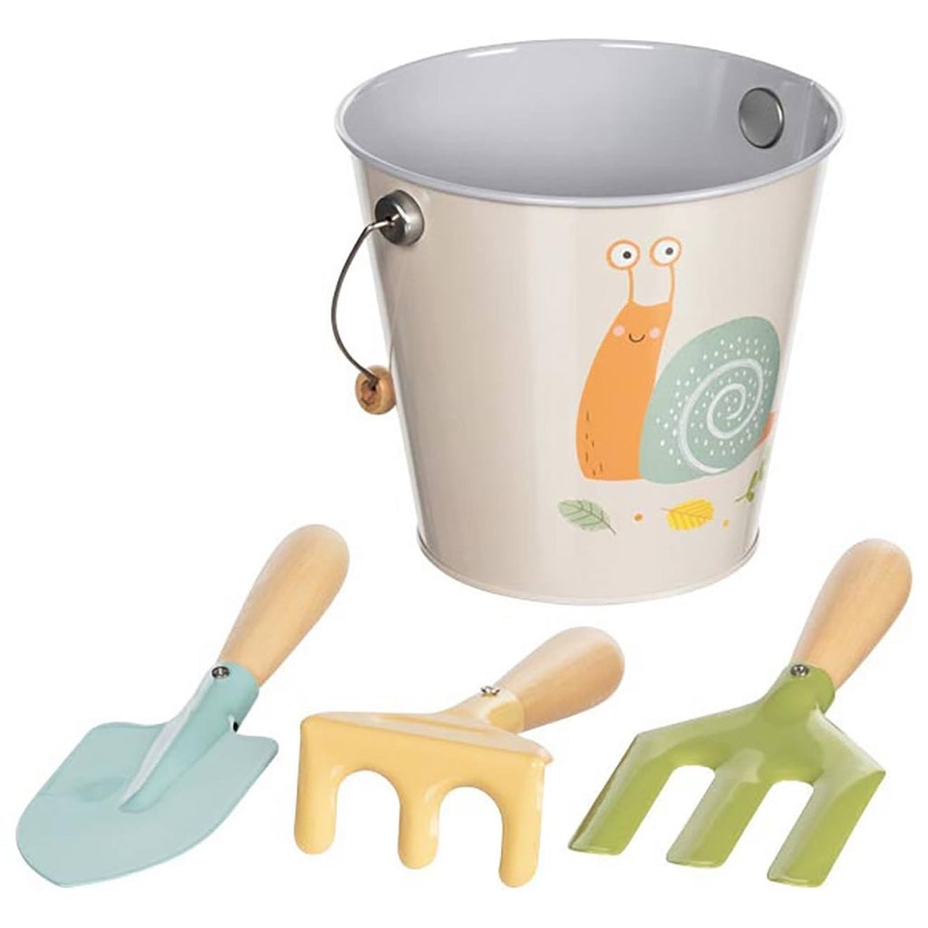 Seau et outils de jardin escargot gris