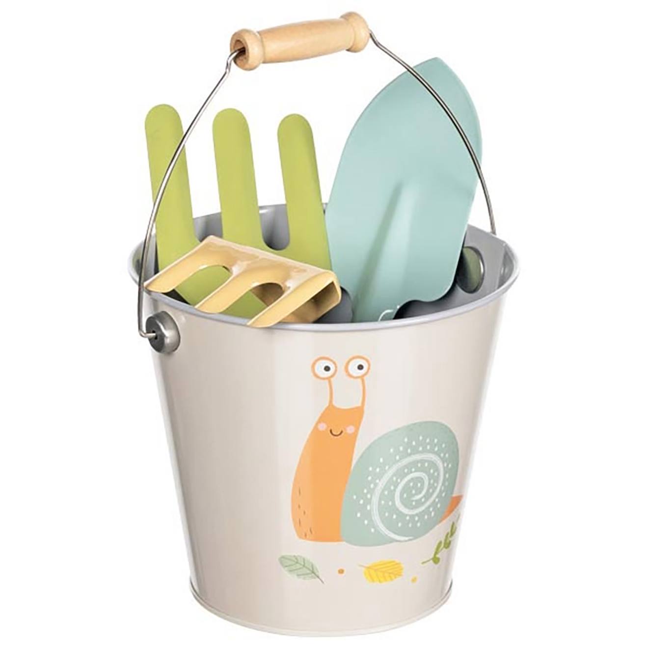Seau et outils de jardin escargot gris