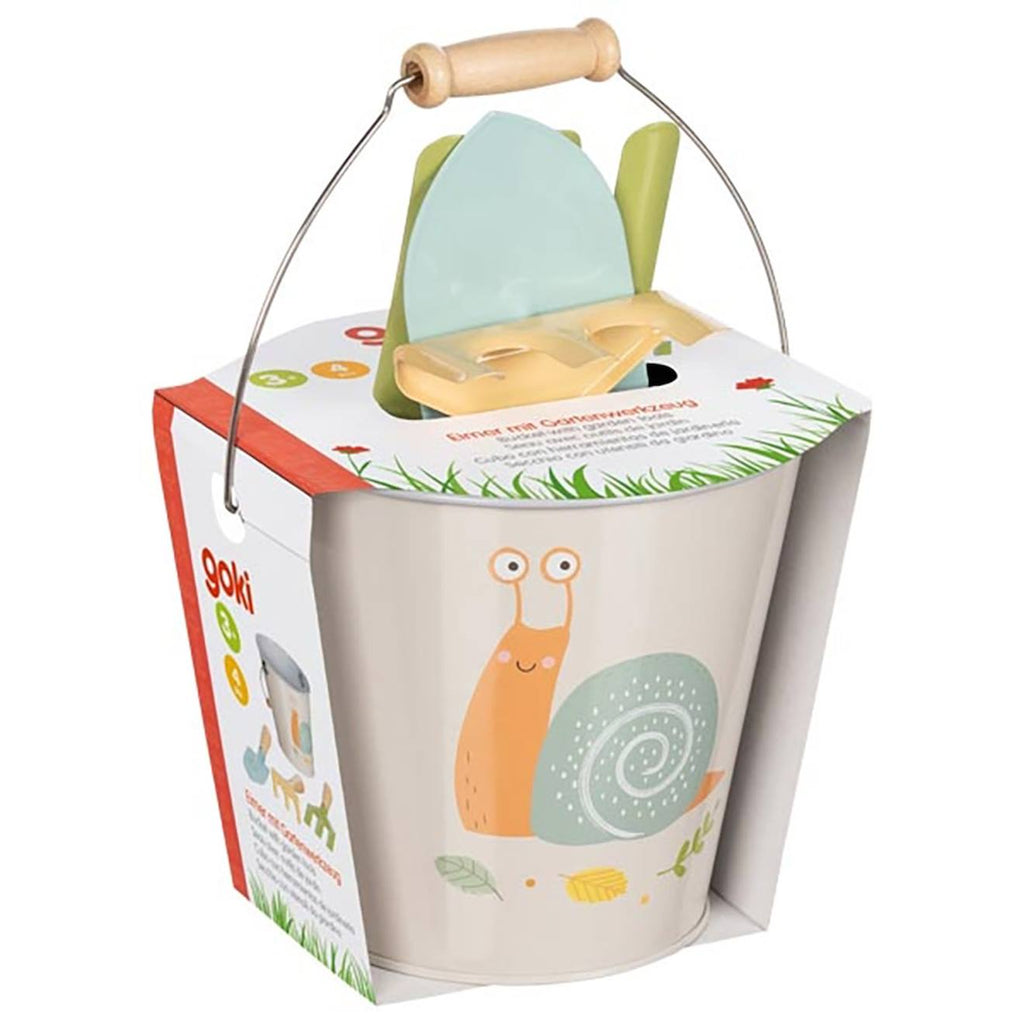 Seau et outils de jardin escargot gris