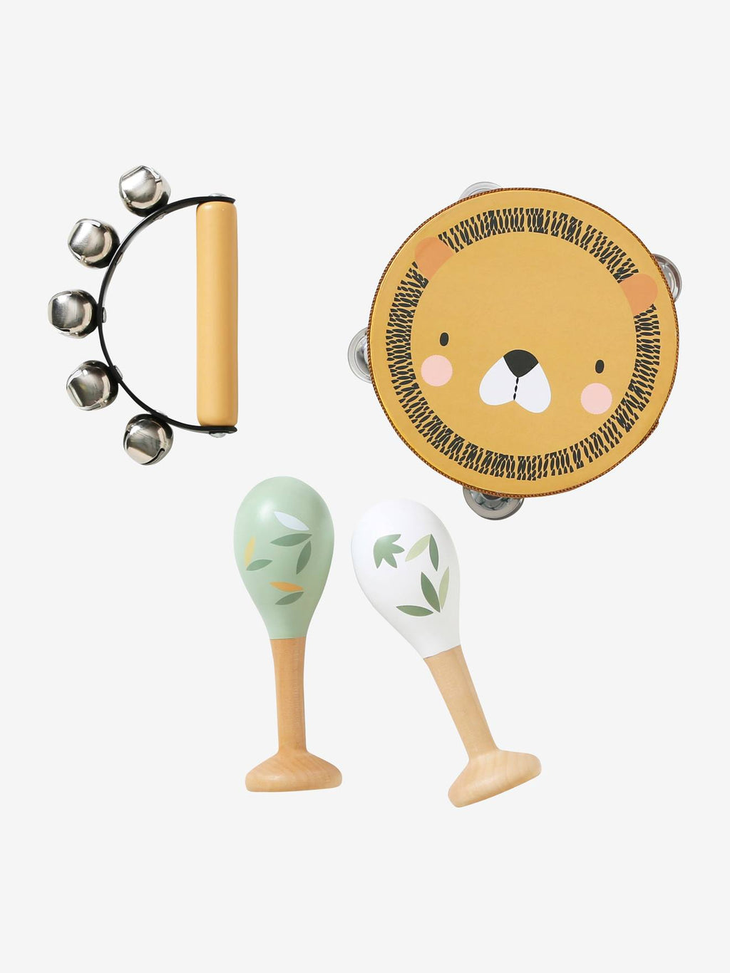 Set 3 instruments : maracas, tambourin, grelots en bois FSC tanzanie