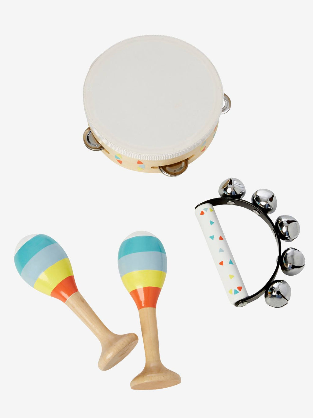 Set 3 instruments : maracas, tambourin, grelots en bois FSC multicolore