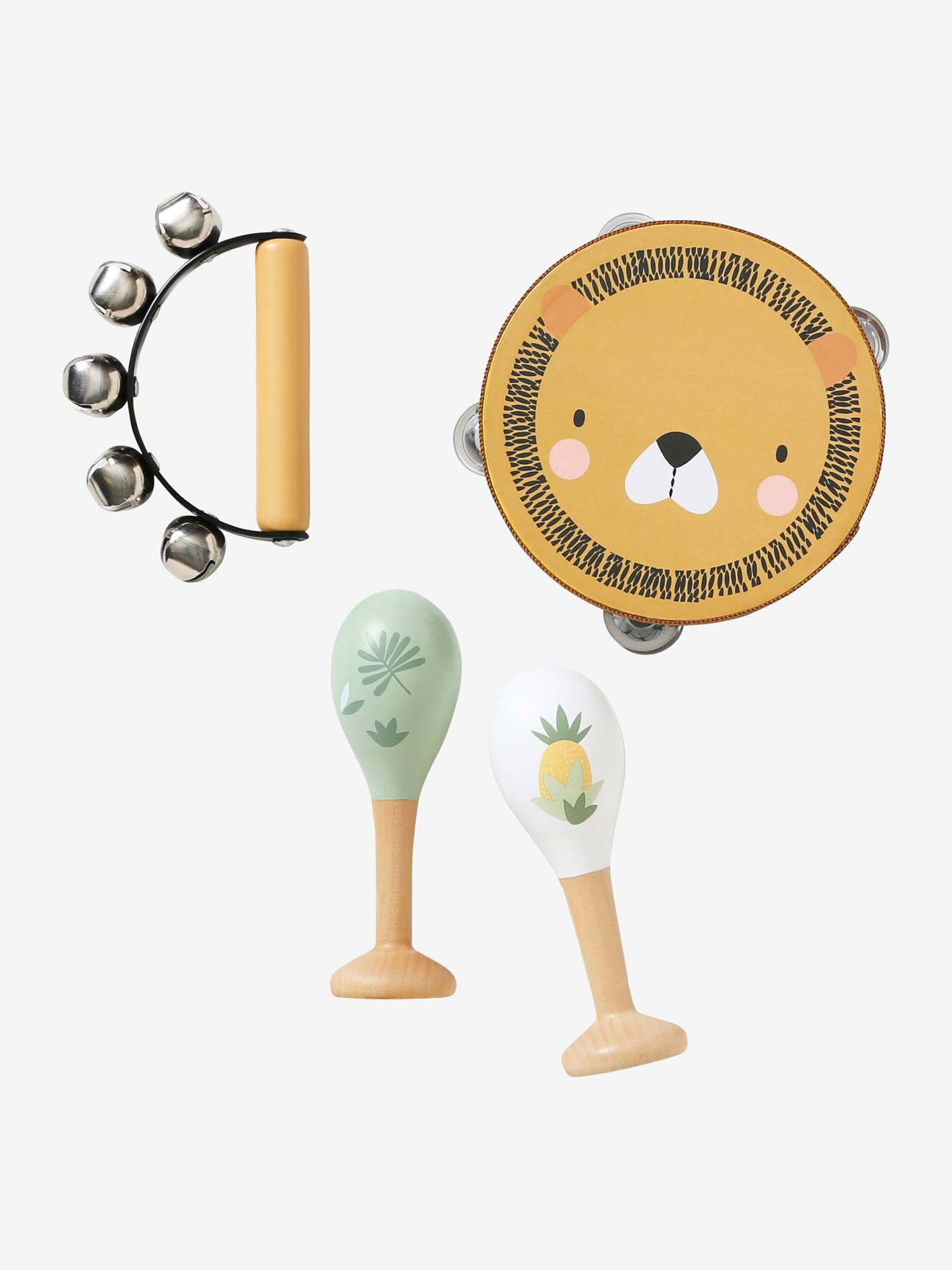 Set 3 instruments : maracas, tambourin, grelots en bois FSC tanzanie