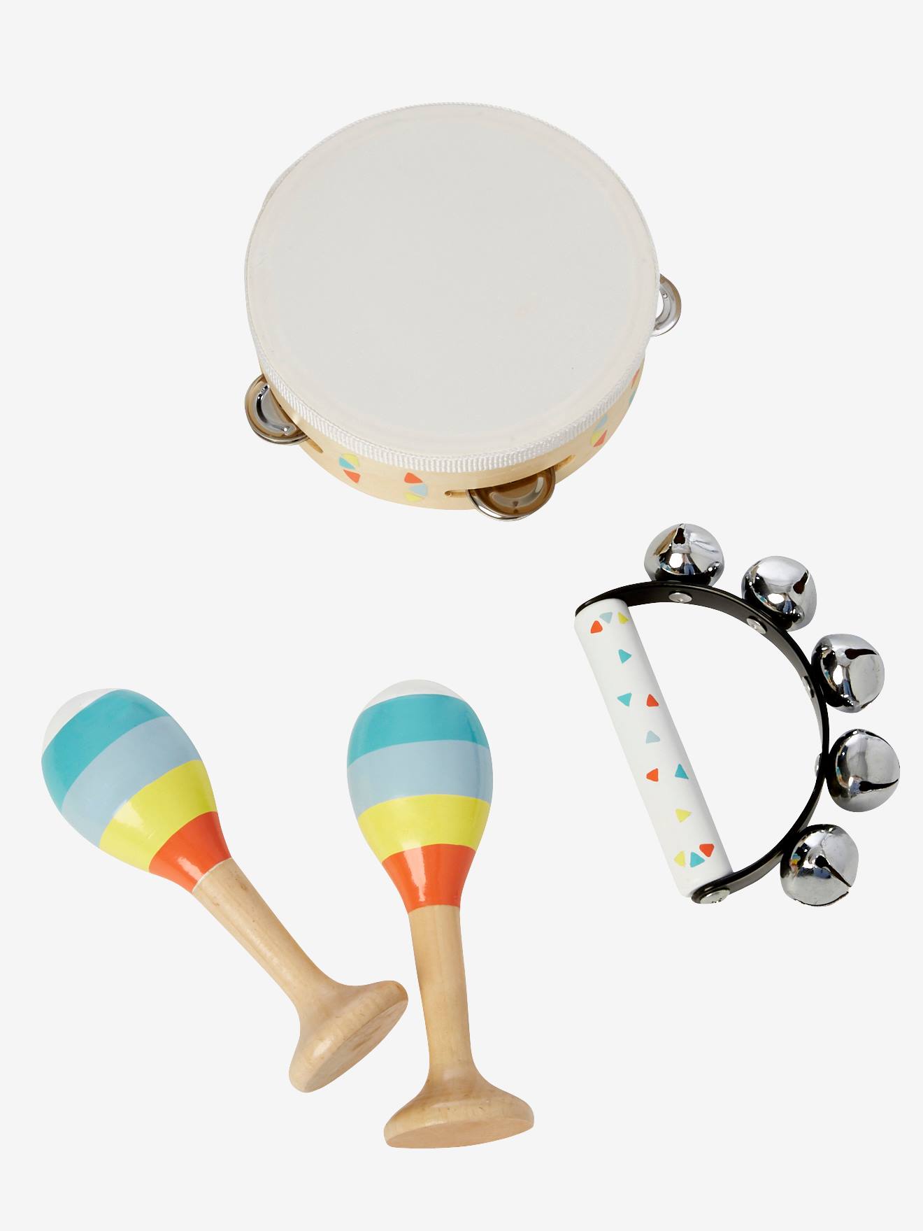 Set 3 instruments : maracas, tambourin, grelots en bois FSC multicolore