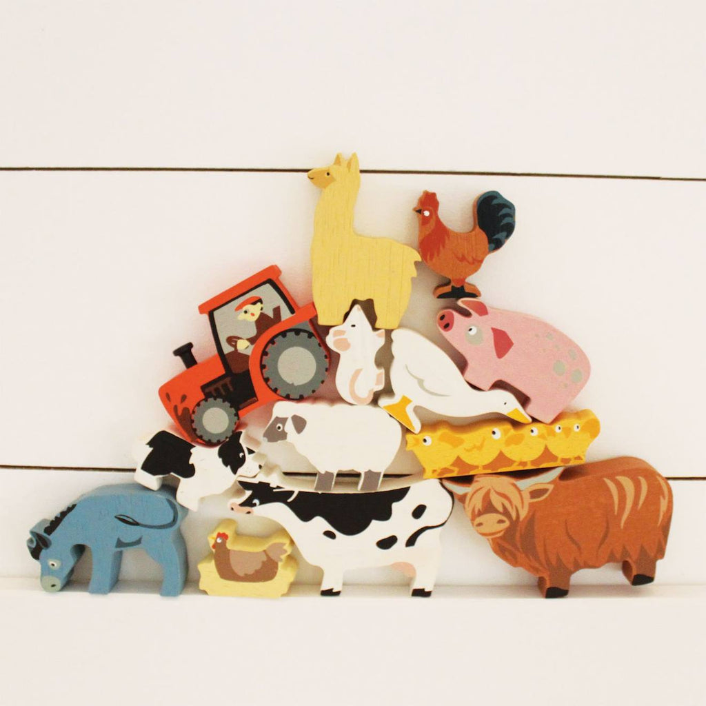 Set animaux en bois ferme beige
