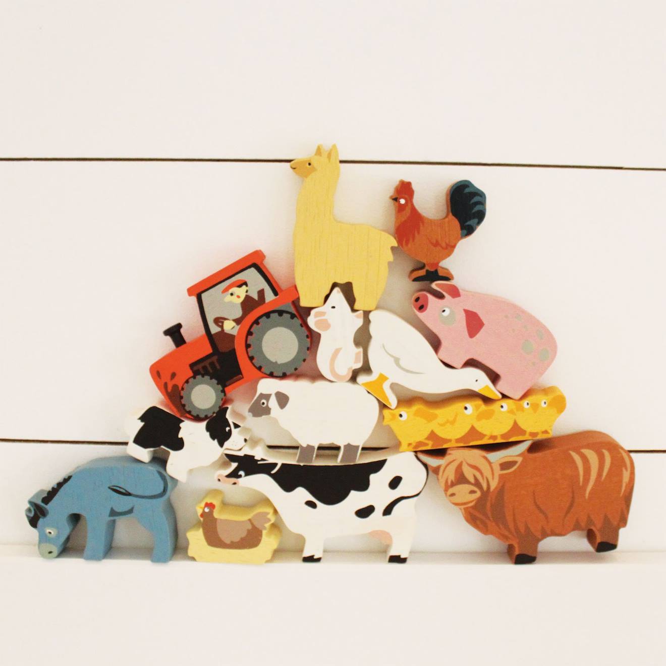Set animaux en bois ferme beige