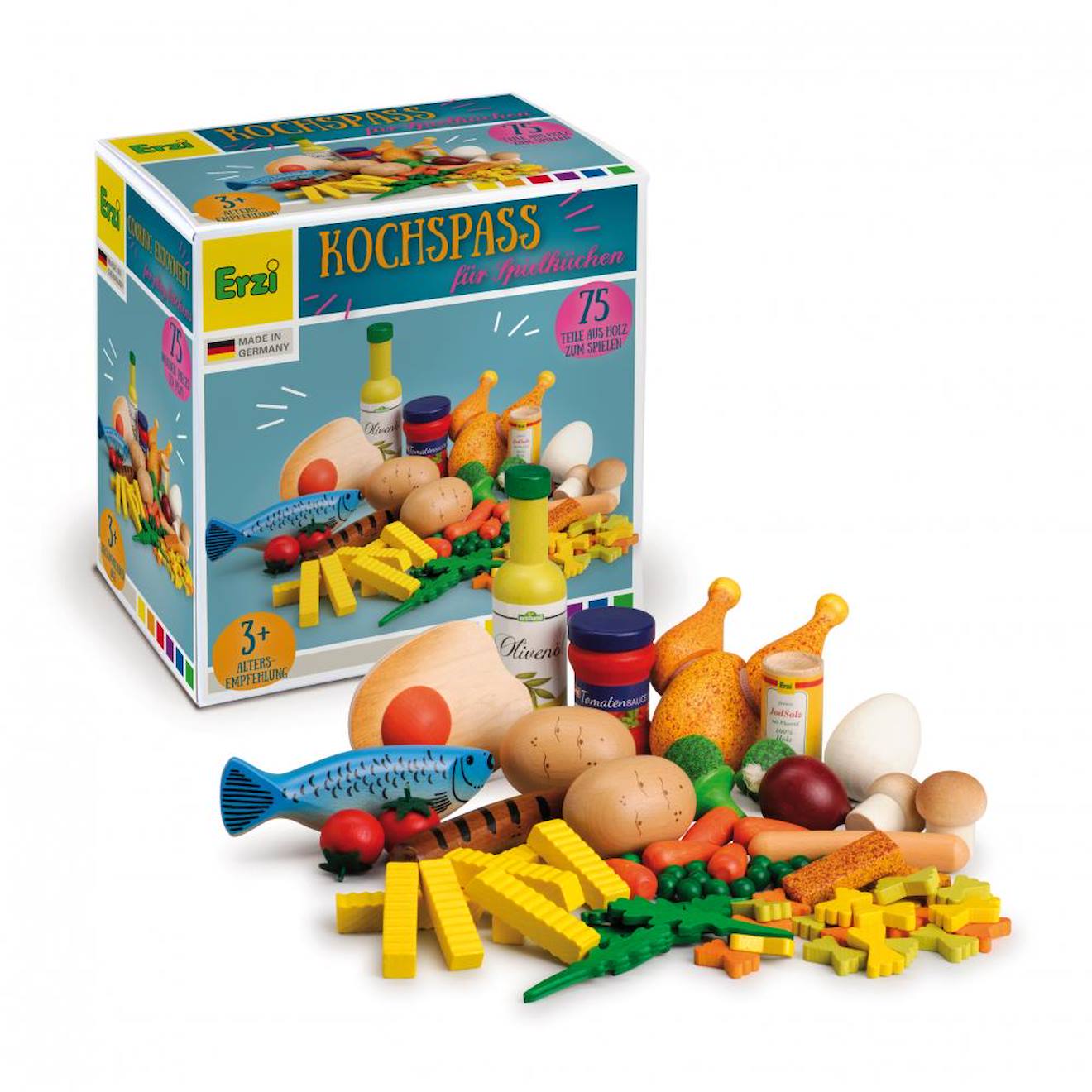 Set d'aliments en bois 75 pièces bleu