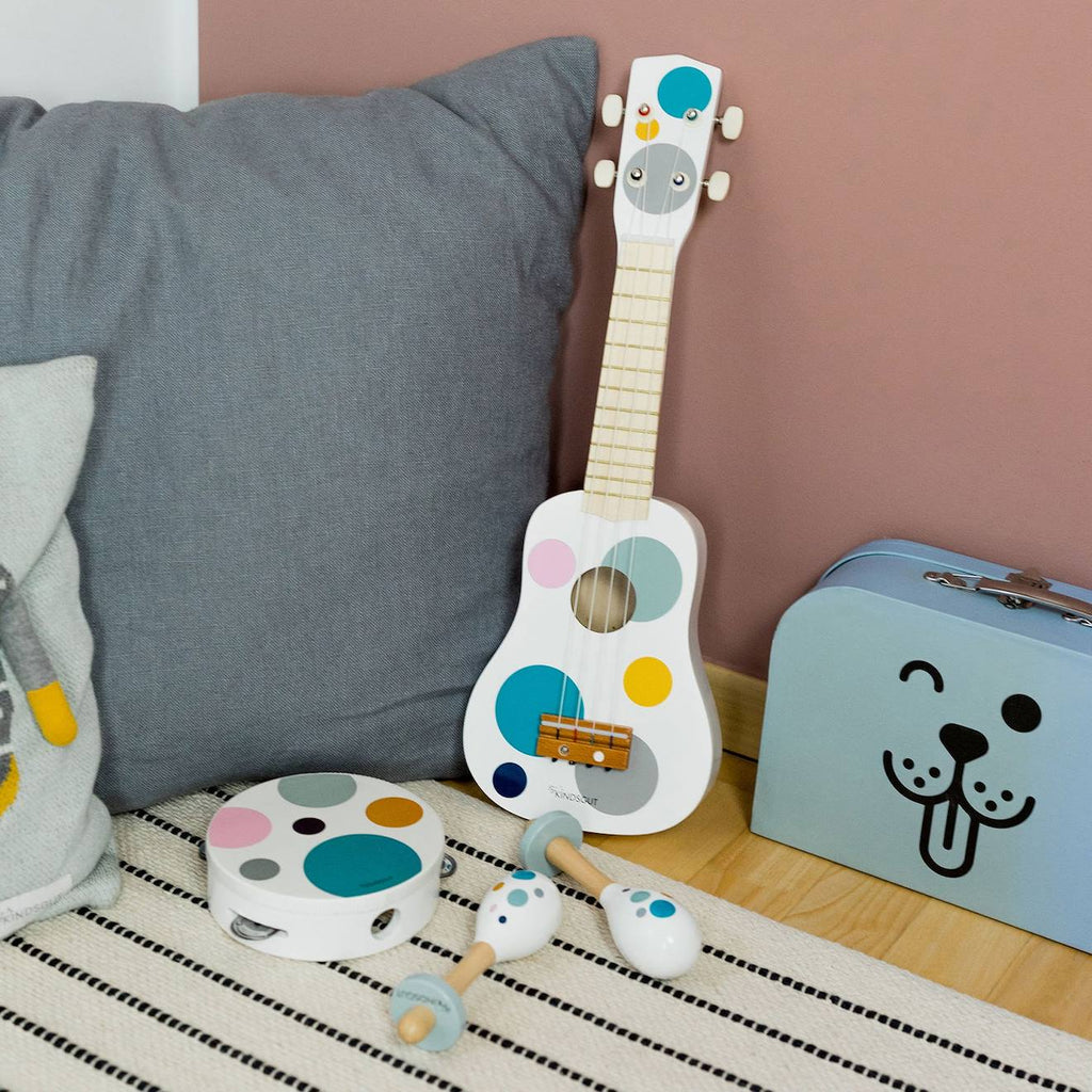 Set de 3 instruments de musique pour enfant avec guitare, tambourin et maracas à pois blanc