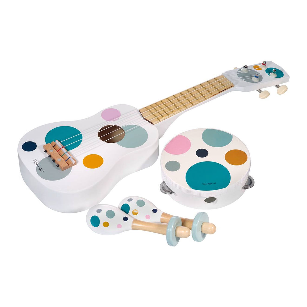 Set de 3 instruments de musique pour enfant avec guitare, tambourin et maracas à pois blanc