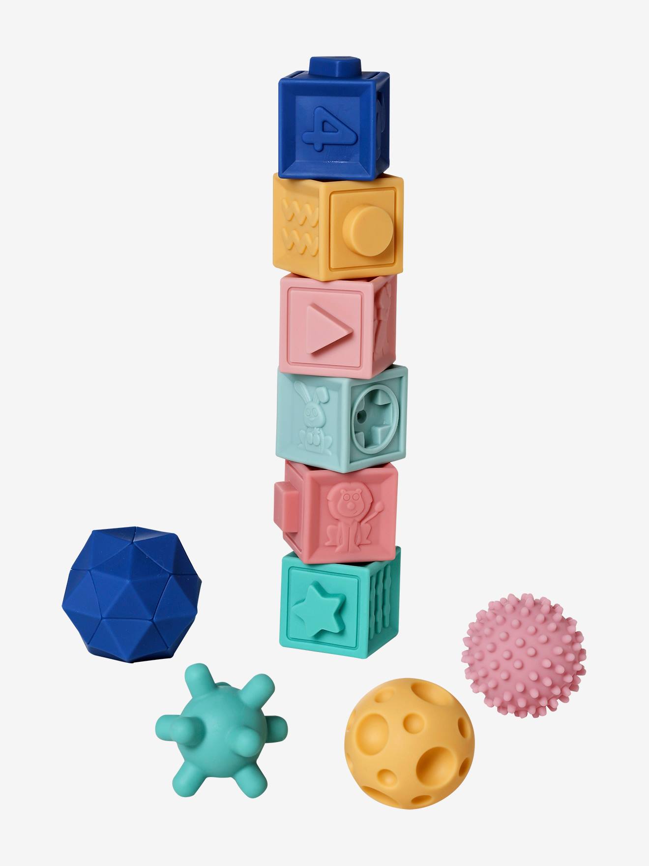 Set de 6 cubes et 4 balles sensorielles multicolore