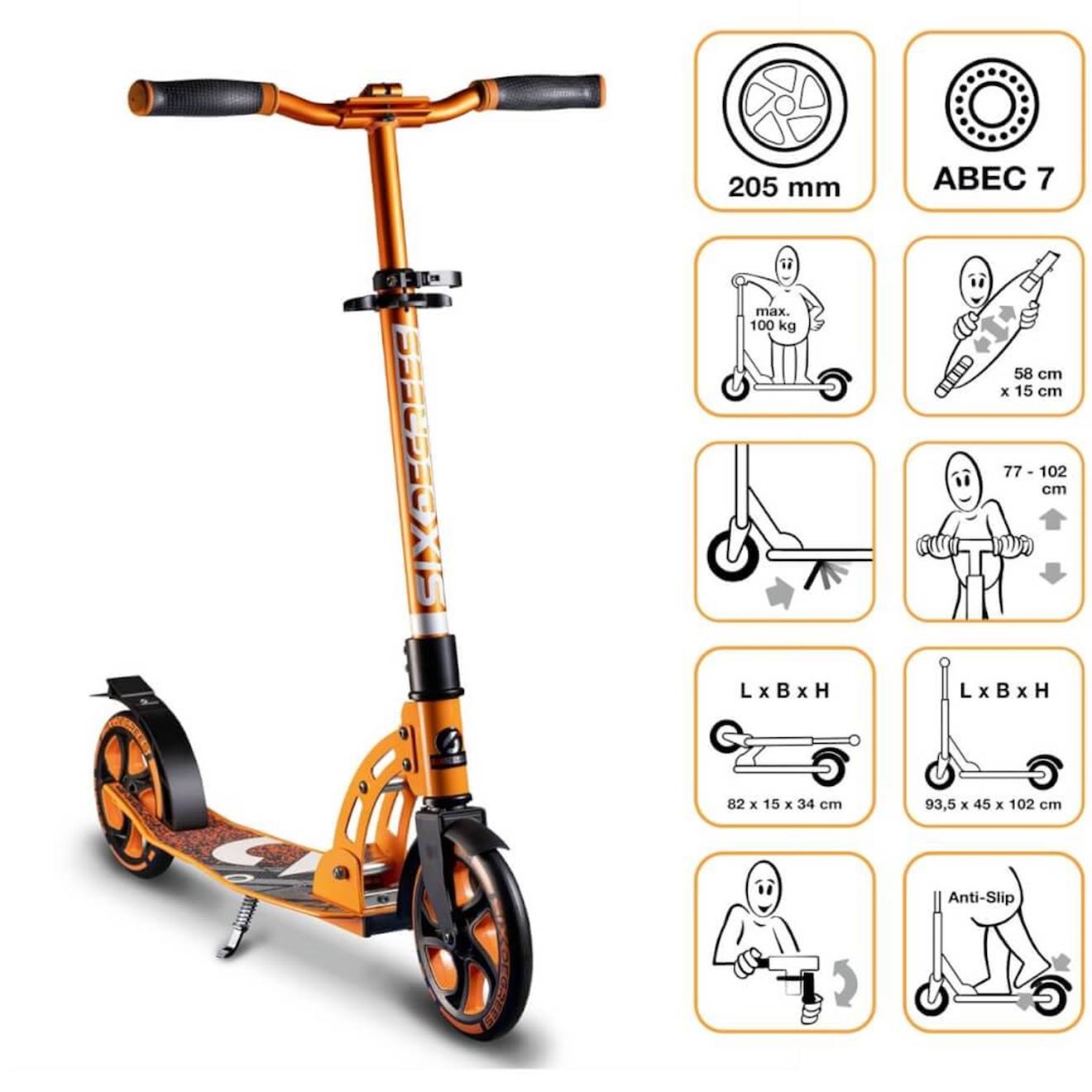 Six degrees trottinette aluminium 205 mm orange