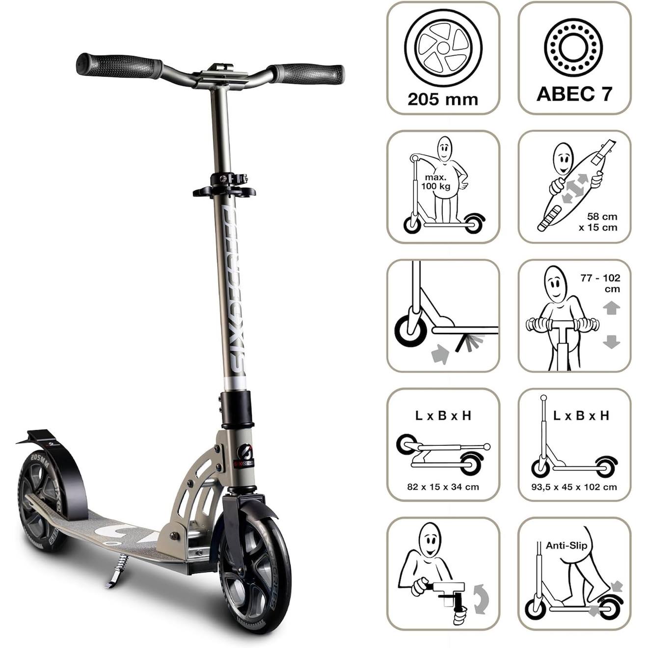 Six degrees trottinette aluminium 205 mm gris