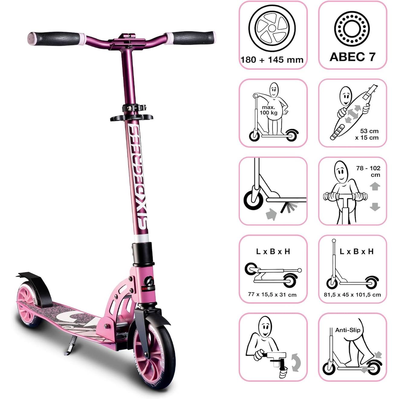 Six degrees trottinette junior aluminium - mécanisme de pliage et béquille - 180/145 mm rose