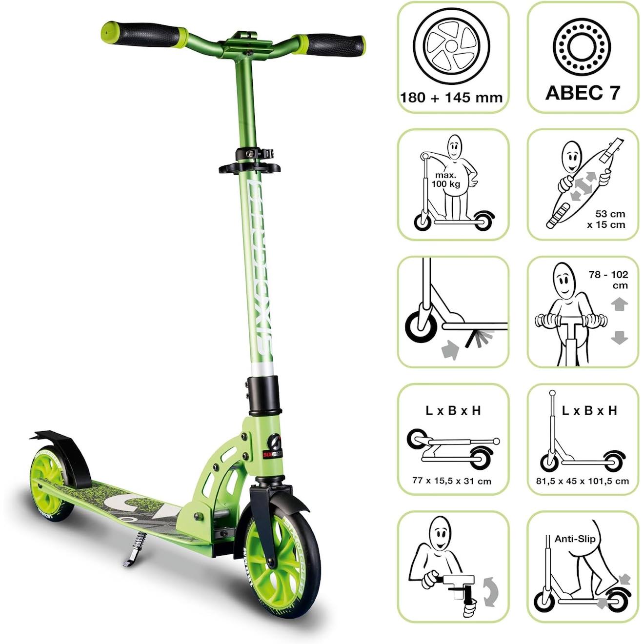 Six degrees trottinette junior aluminium - mécanisme de pliage et béquille - 180/145 mm vert
