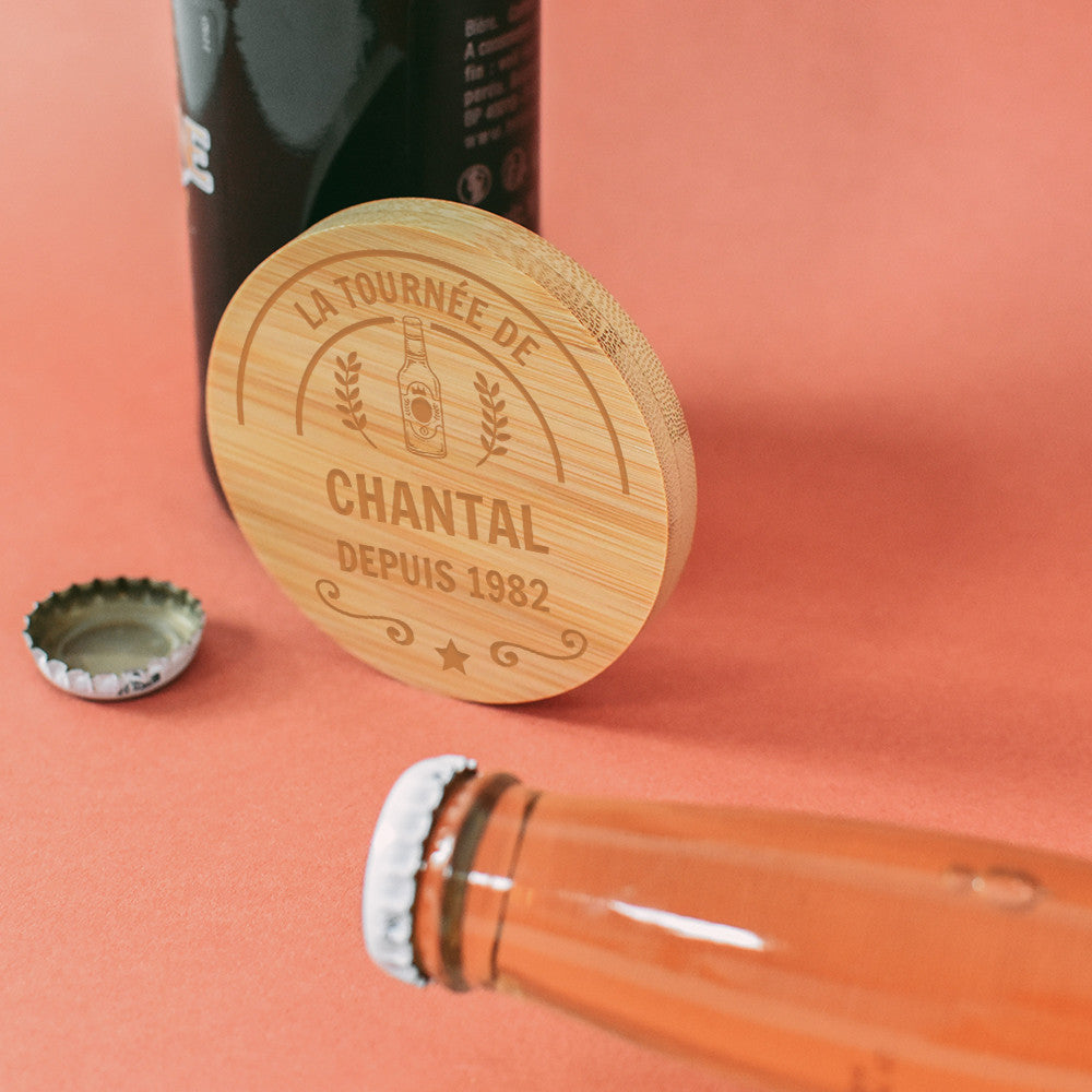 Sous-Verre Décapsuleur en Bambou Etiquette de Bière à Personnaliser - Décapsuleurs Originaux