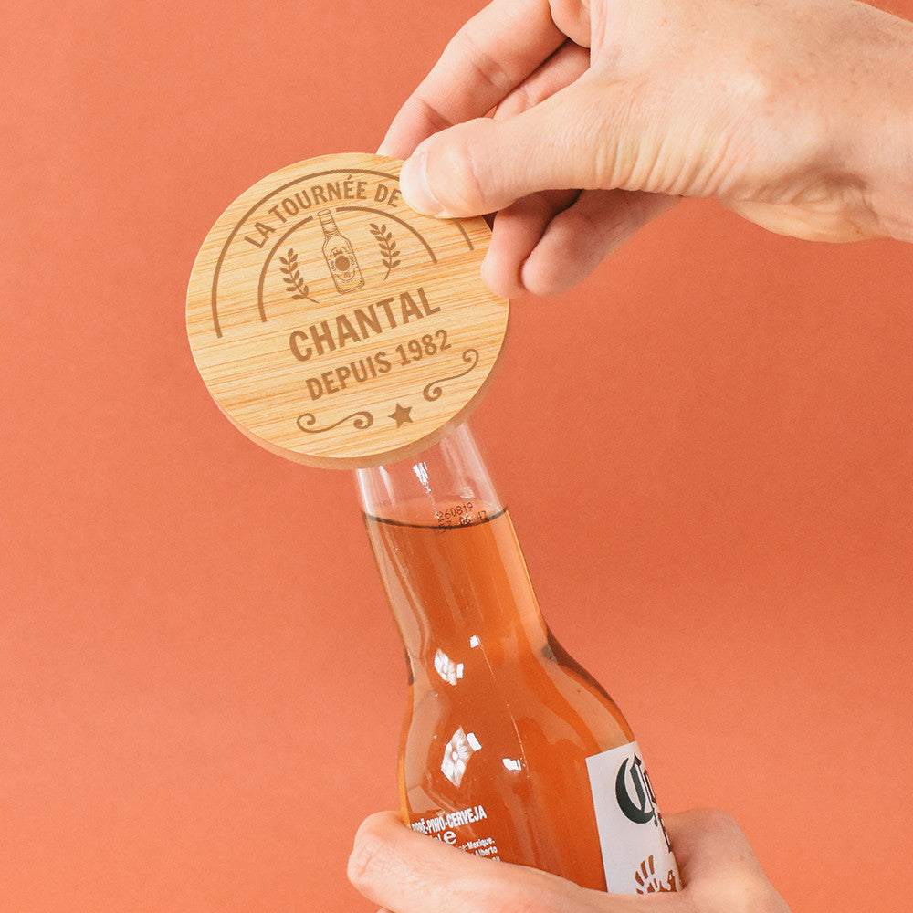 Sous-Verre Décapsuleur en Bambou Etiquette de Bière à Personnaliser - Décapsuleurs Originaux