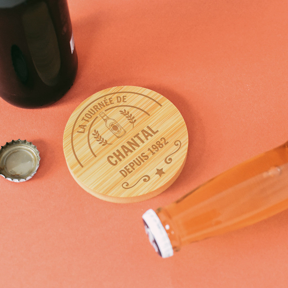Sous-Verre Décapsuleur en Bambou Etiquette de Bière à Personnaliser - Décapsuleurs Originaux