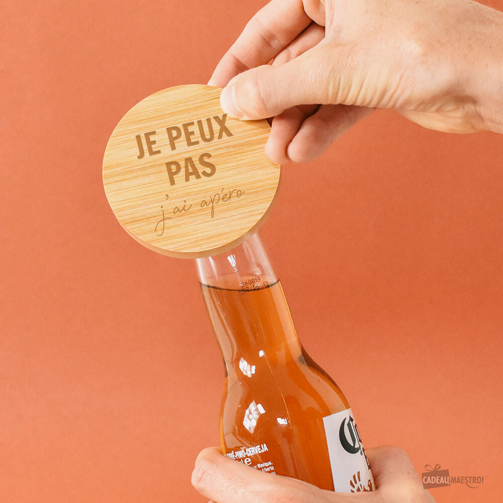 Sous-Verre Décapsuleur en Bambou J'peux pas à Personnaliser - Décapsuleurs Originaux
