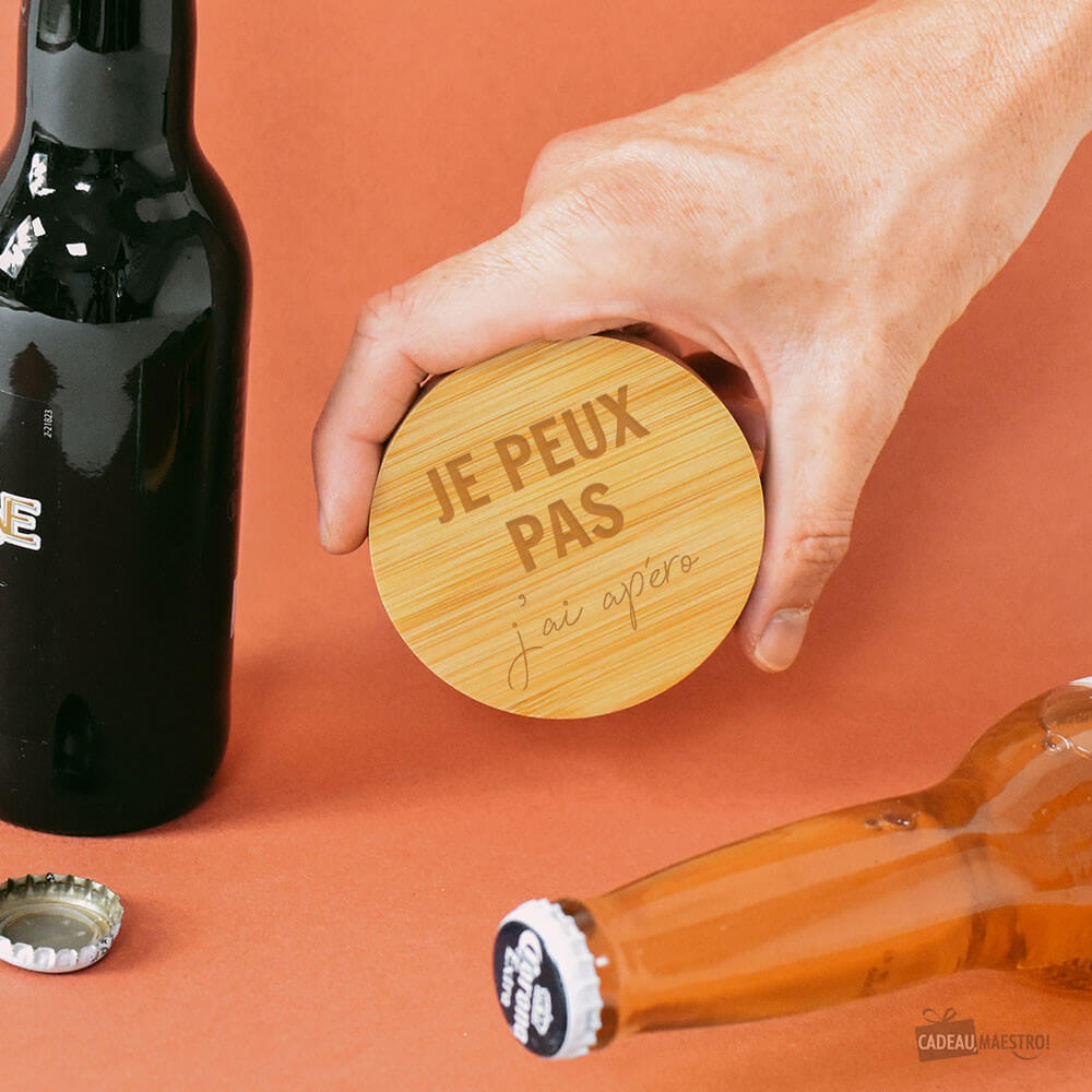 Sous-Verre Décapsuleur en Bambou J'peux pas à Personnaliser - Décapsuleurs Originaux