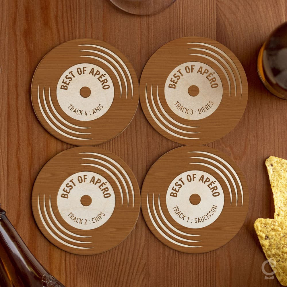 Sous-Verres Bois Disque Vinyle à Personnaliser (x4) - Sous-Verre Personnalisé