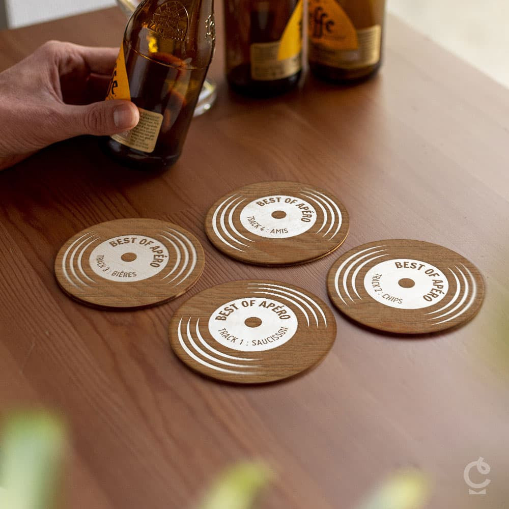 Sous-Verres Bois Disque Vinyle à Personnaliser (x4) - Sous-Verre Personnalisé