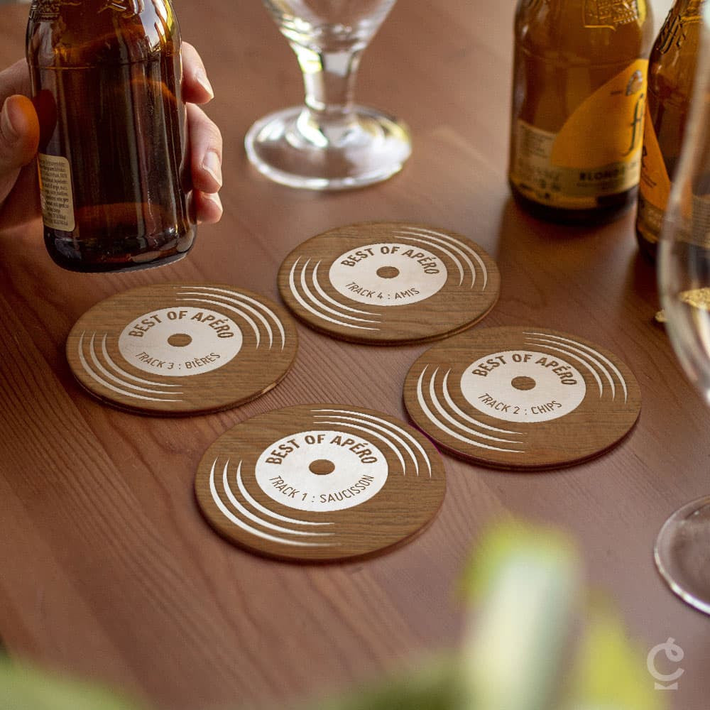 Sous-Verres Bois Disque Vinyle à Personnaliser (x4) - Sous-Verre Personnalisé