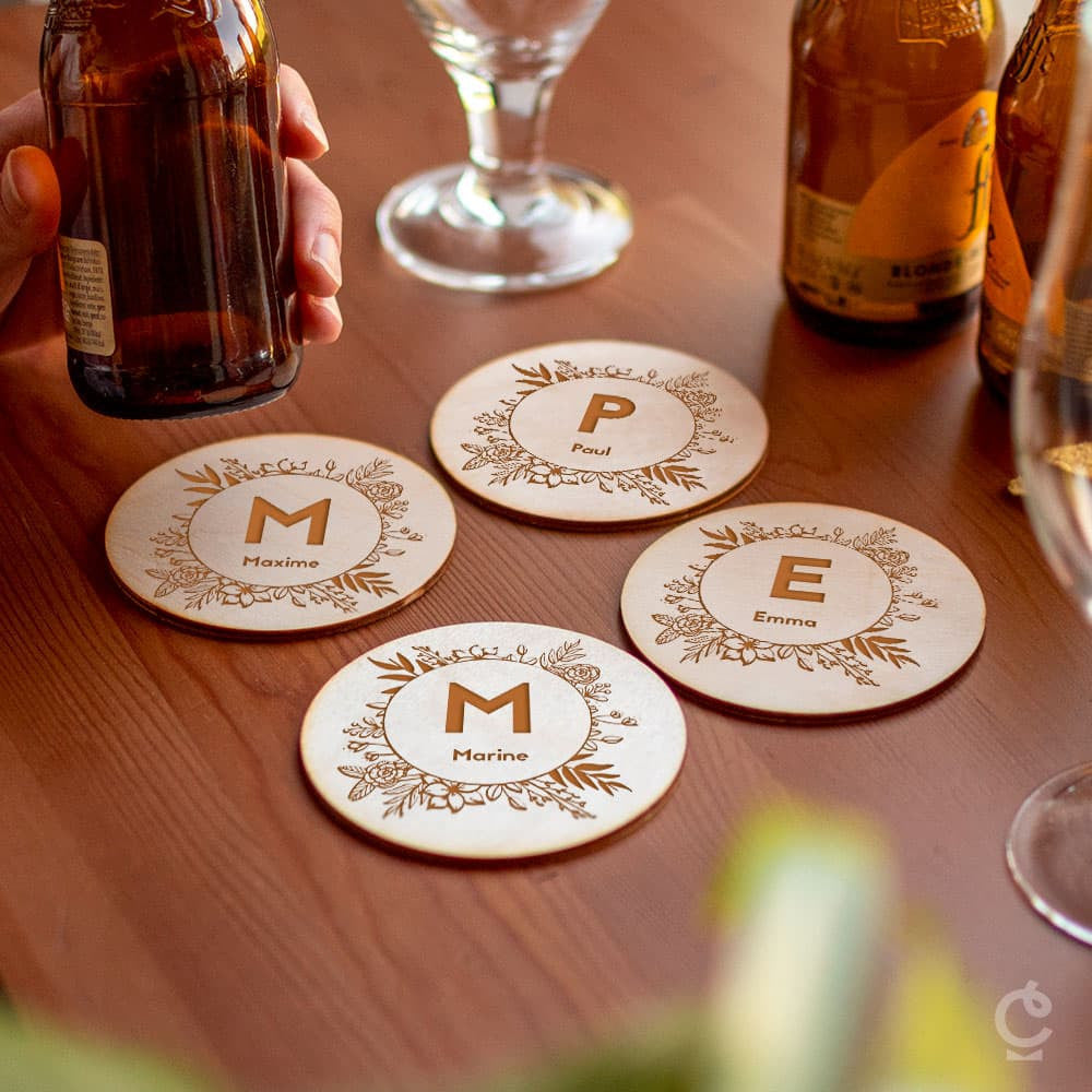 Sous-Verres en Bois Floraux à Personnaliser (x4) - Sous-Verre Personnalisé CadoMaestro