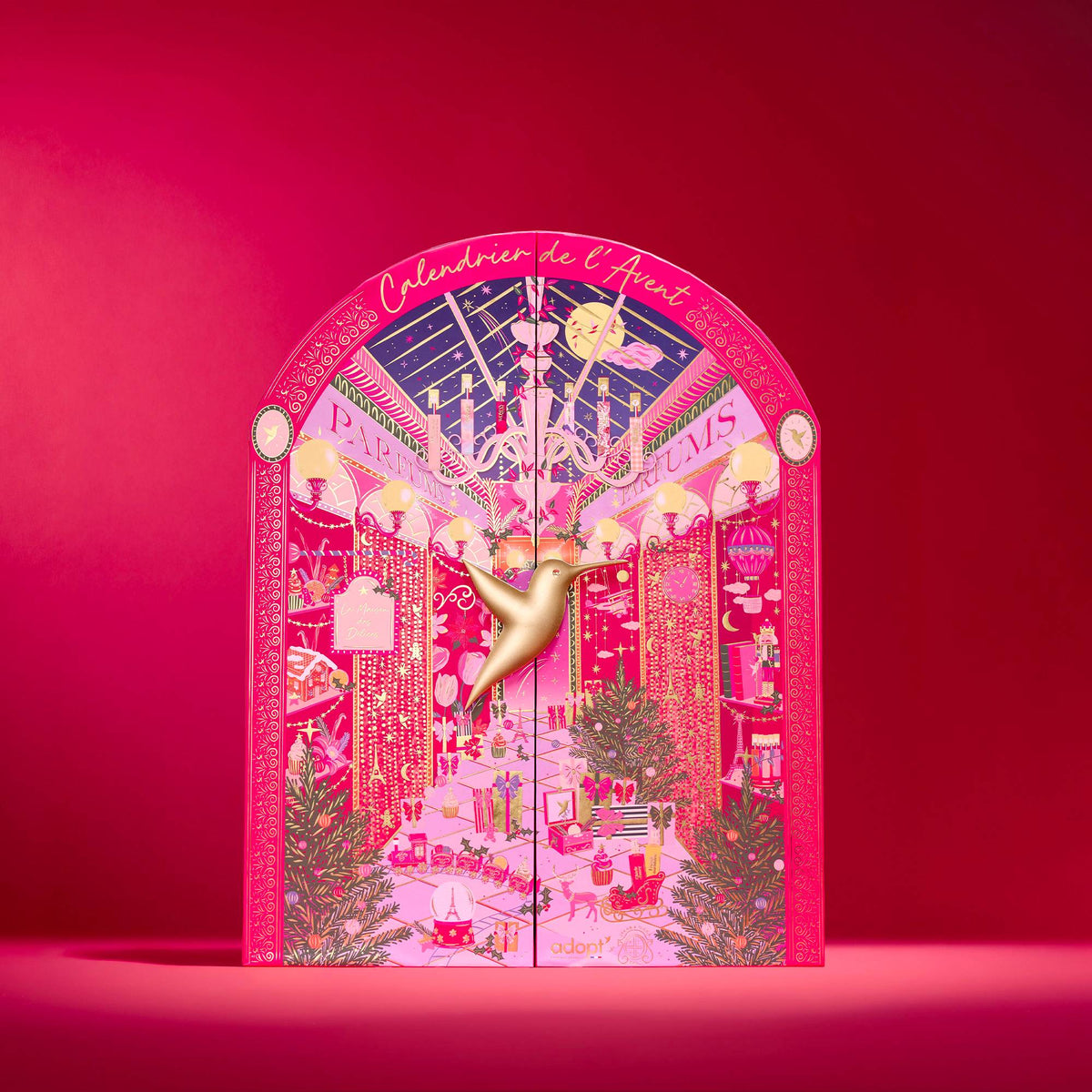 Coffret du calendrier de l'Avent Adopt 2026 Galerie Dorée, passage couvert parisien illustré