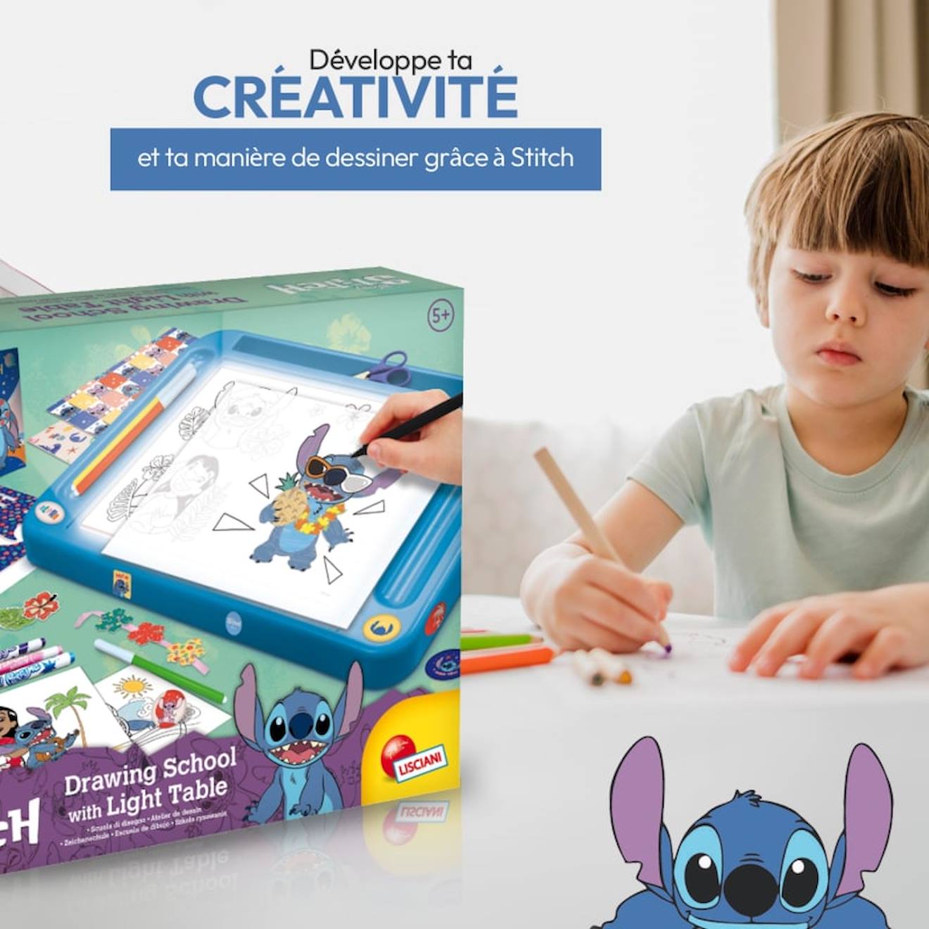 Stitch école de dessins avec table lumineuse multicolore