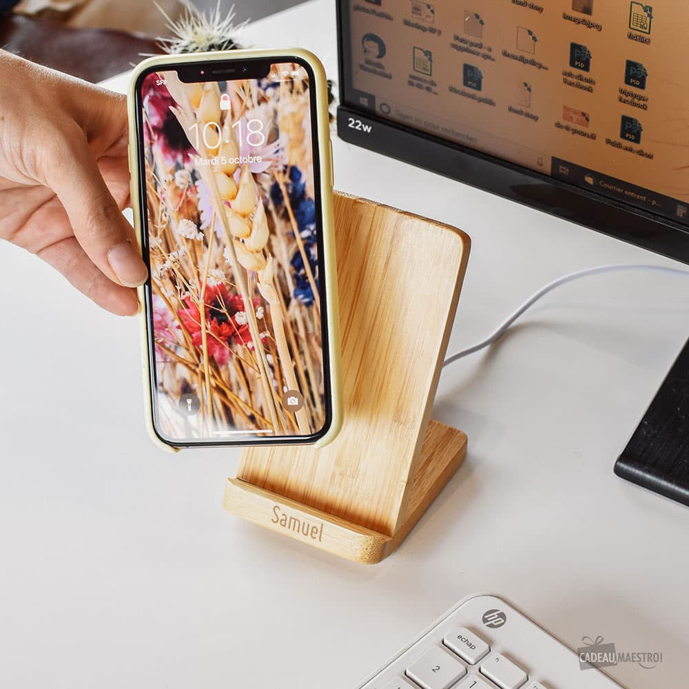 Support Chargeur Sans Fil en Bambou à Personnaliser - Chargeur Personnalisé