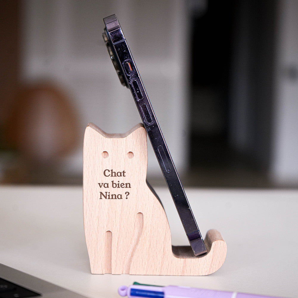 Support Téléphone en Bois Chat à Personnaliser - Fourniture de Bureau Originale