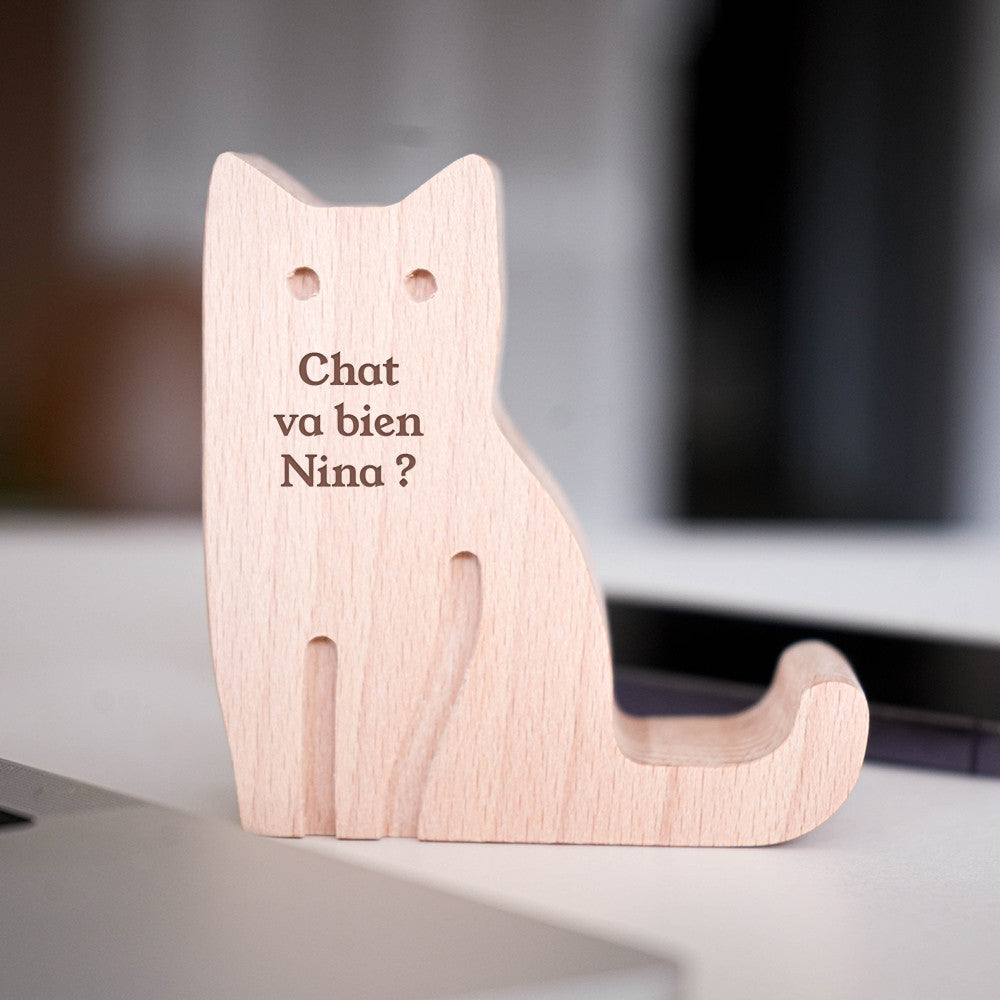 Support Téléphone en Bois Chat à Personnaliser - Fourniture de Bureau Originale