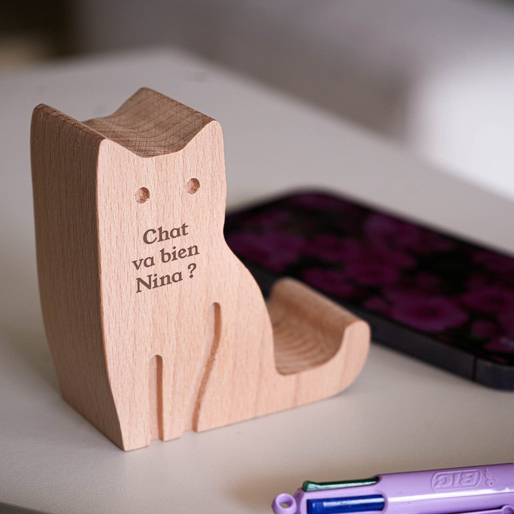 Support Téléphone en Bois Chat à Personnaliser - Fourniture de Bureau Originale