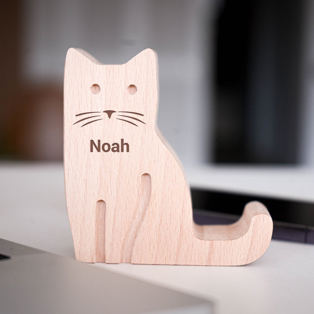 Support Téléphone en Bois Chat Prénom à Personnaliser - Fourniture de Bureau Originale