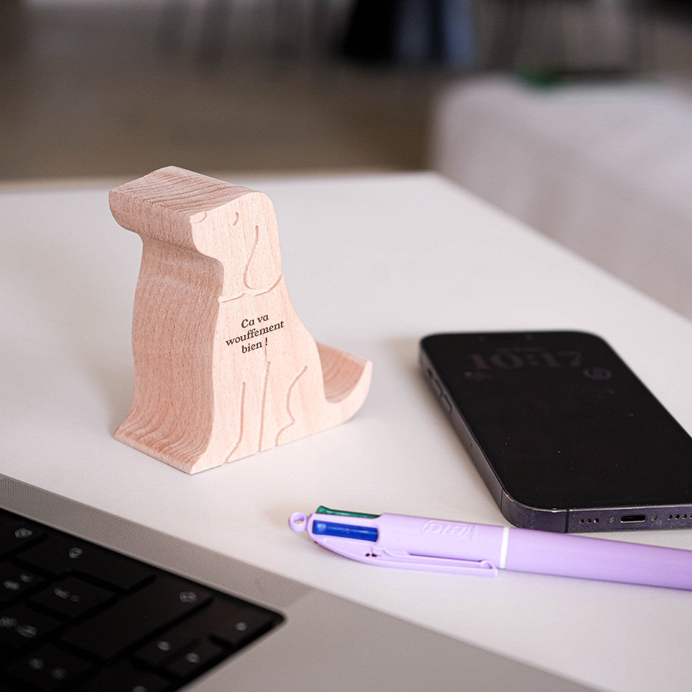 Support Téléphone en Bois Chien à Personnaliser - Fourniture de Bureau Originale