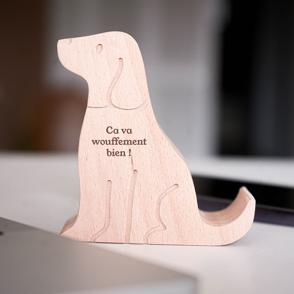 Support Téléphone en Bois Chien à Personnaliser - Fourniture de Bureau Originale