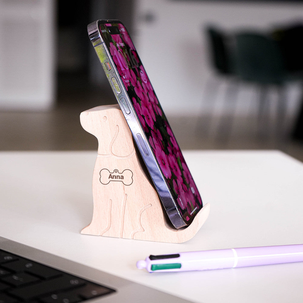 Support Téléphone en Bois Chien Prénom à Personnaliser - Fourniture de Bureau Originale