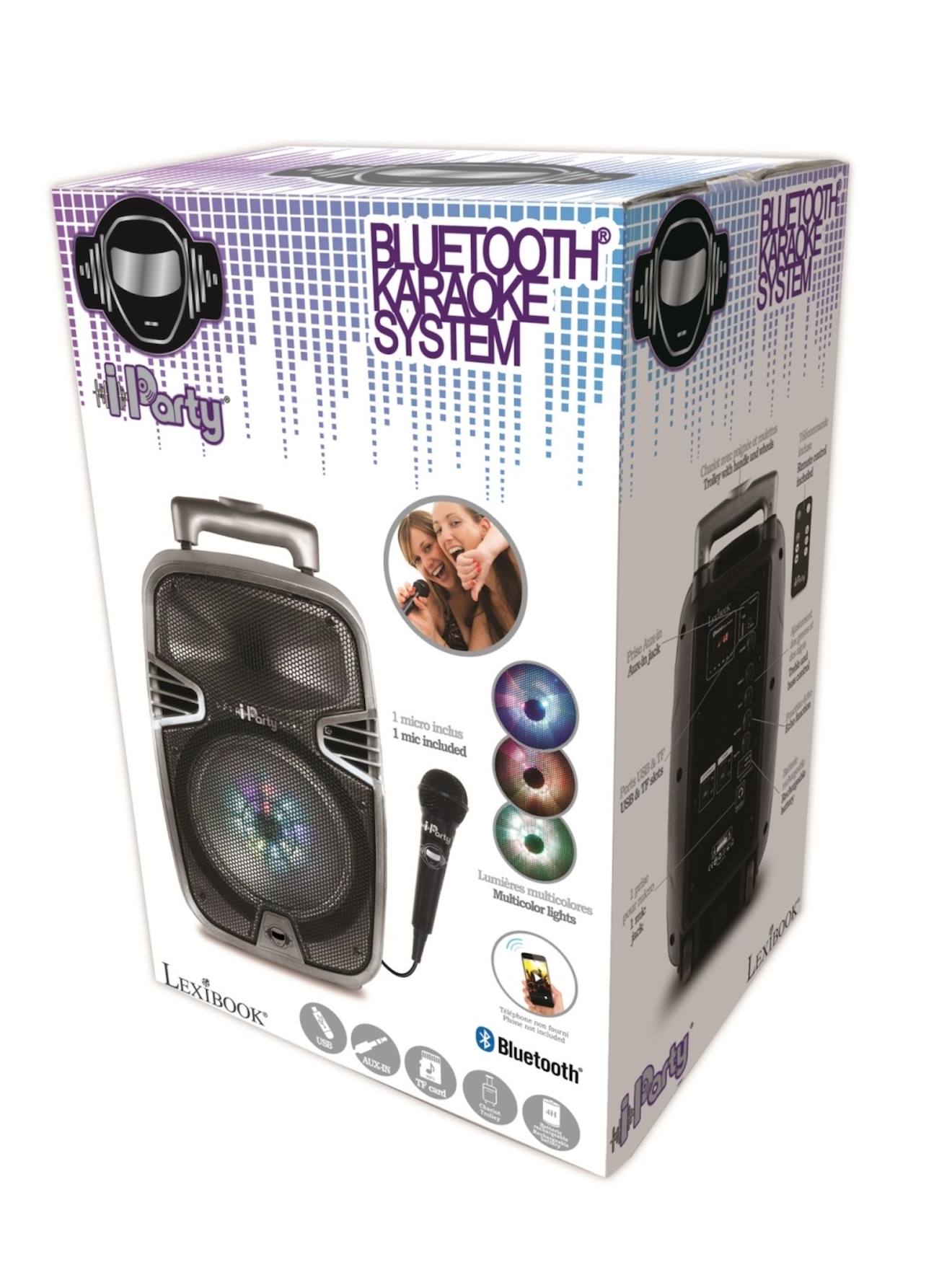 Système karaoké Bluetooth avec roulettes, lumières et micro multicolore
