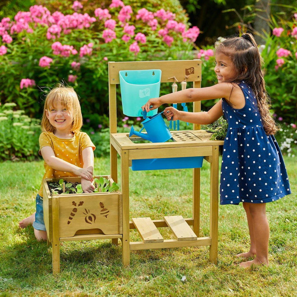 Table à rempoter pour enfant petit jardinier bois FSC marron - bleu - noir