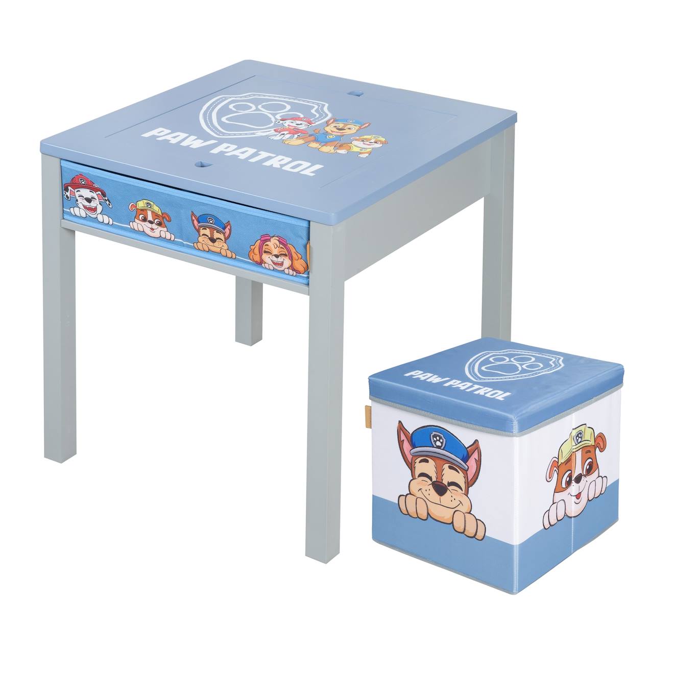 Table d'activités + 1 tabouret cube avec rangement Pat' Patrouille bleu - gris