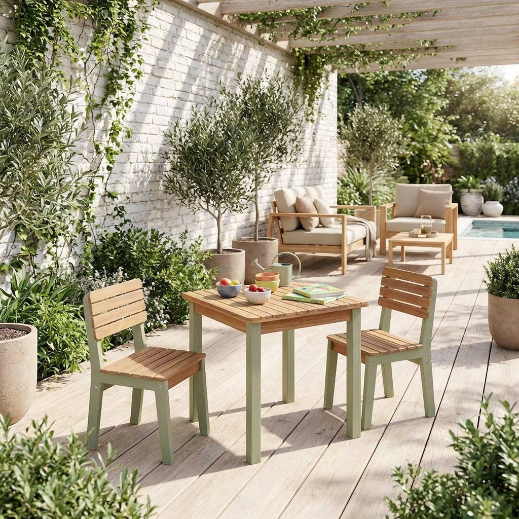 Table de jardin enfant, table en bois d'acacia, intérieur et extérieur avec 2 chaises vert de gris