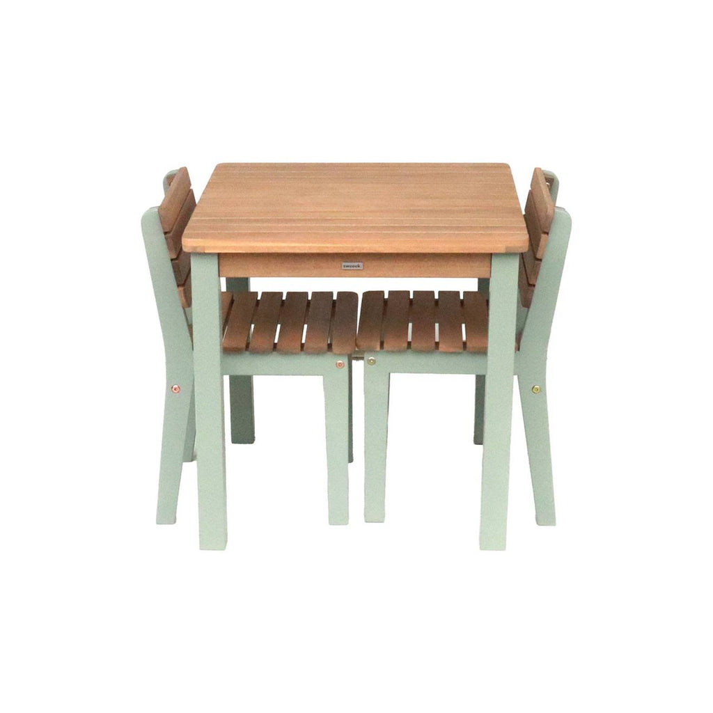 Table de jardin enfant, table en bois d'acacia, intérieur et extérieur avec 2 chaises vert de gris