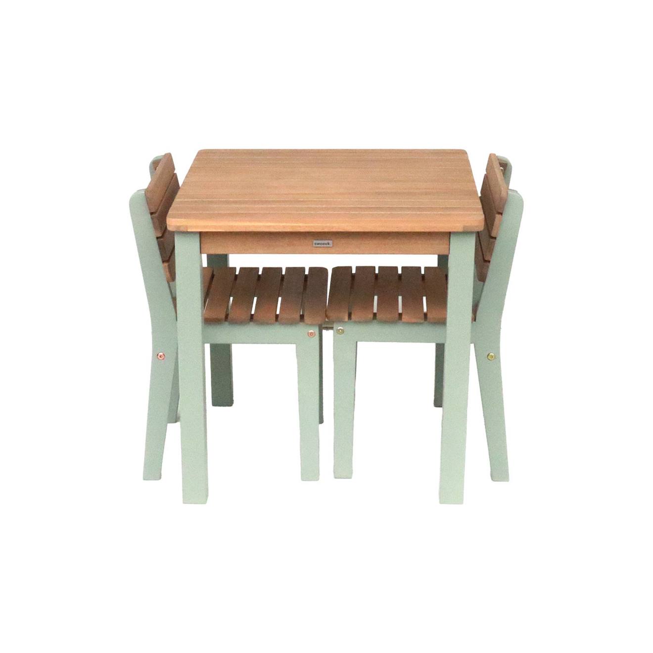 Table de jardin enfant, table en bois d'acacia, intérieur et extérieur avec 2 chaises vert de gris