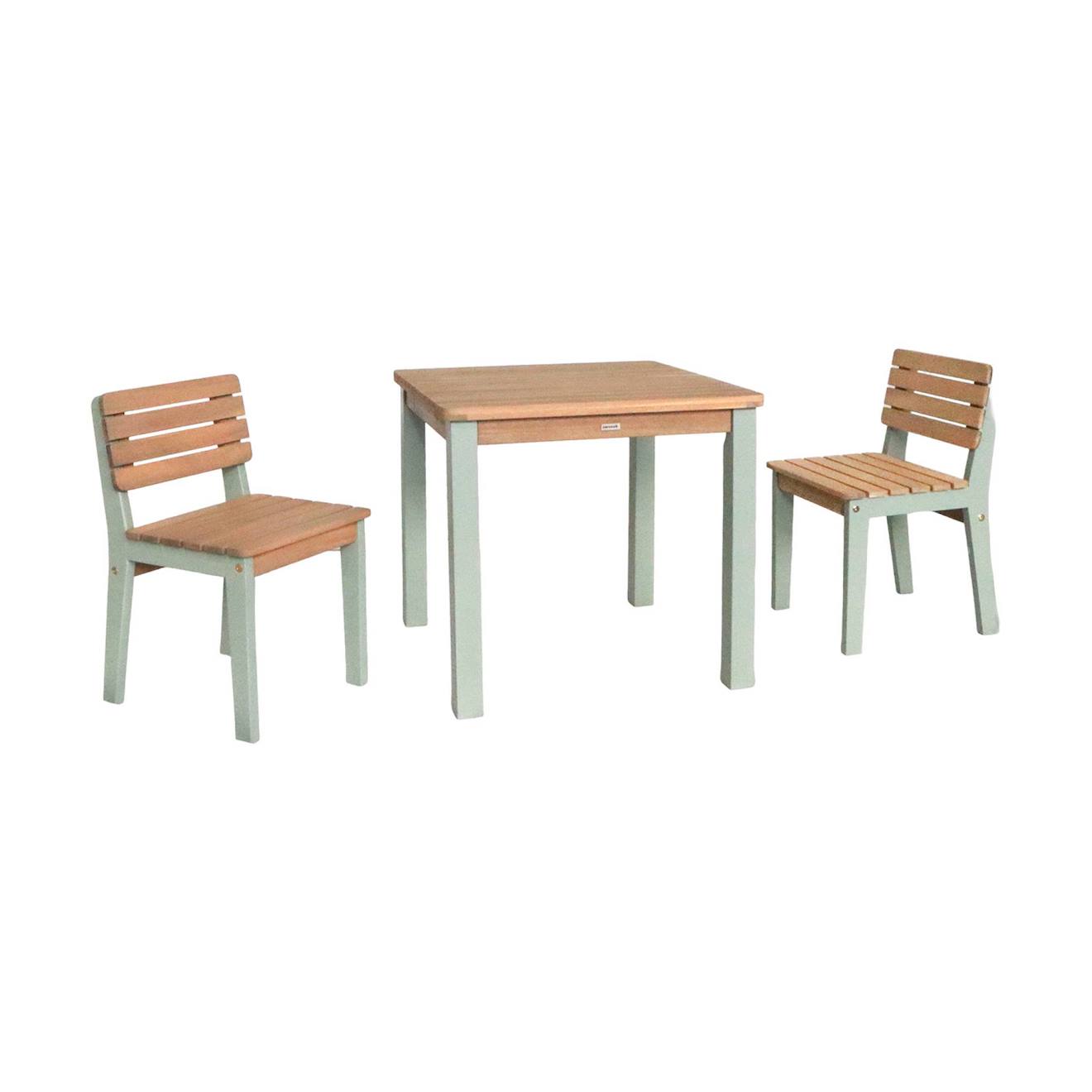 Table de jardin enfant, table en bois d'acacia, intérieur et extérieur avec 2 chaises vert de gris