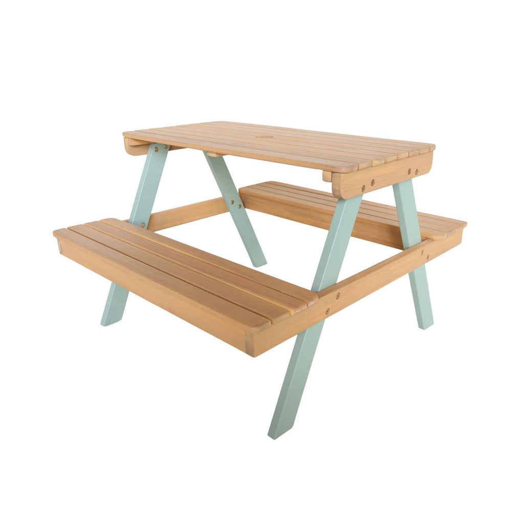 Table de pique-nique en bois d'acacia pour enfant, salon de jardin enfant 2 places, couleur teck clair vert de gris