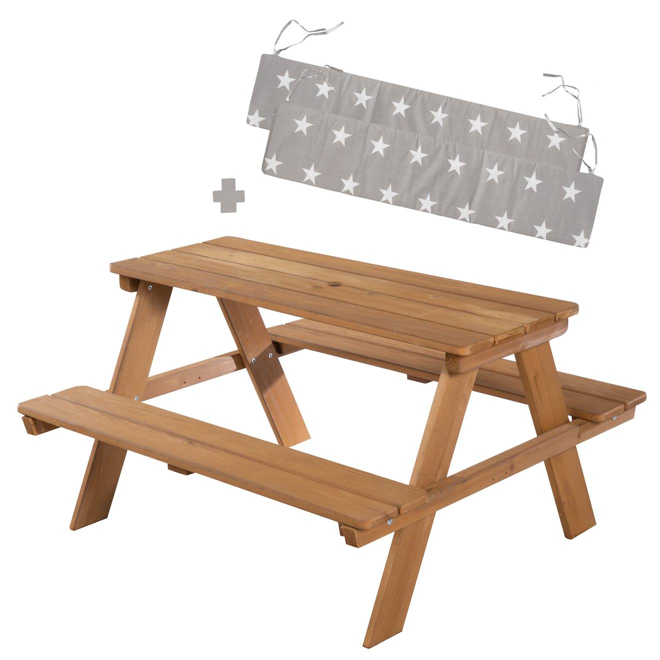 Table pique-nique en bois massif 4 places + 2 coussins teck / motif étoiles