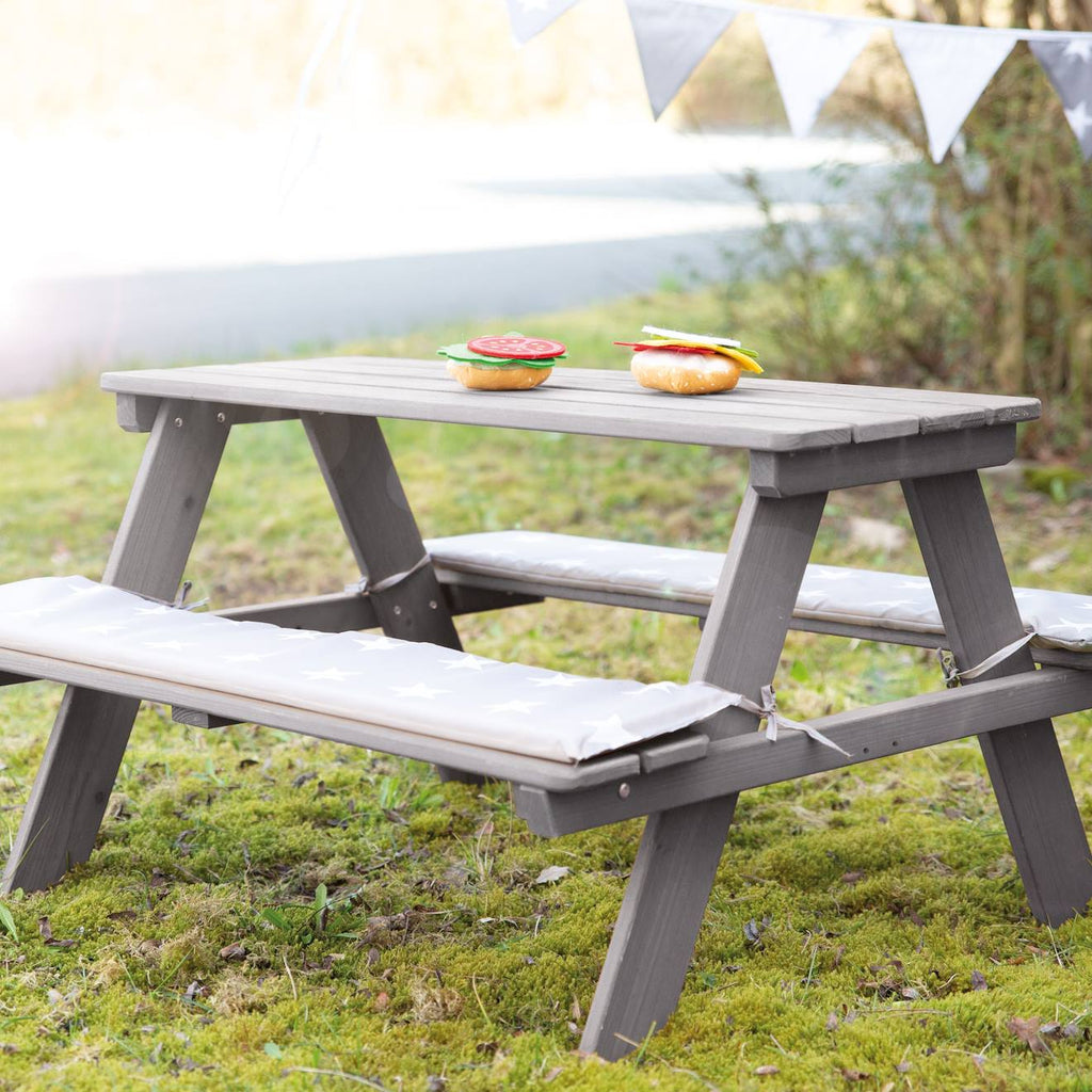 Table pique-nique en bois massif 4 places + 2 coussins gris / motif étoiles