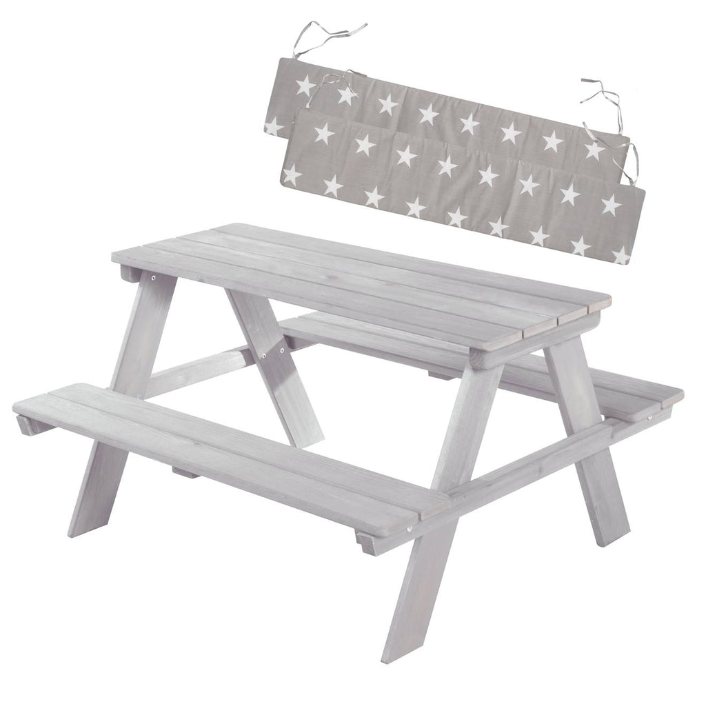 Table pique-nique en bois massif 4 places + 2 coussins gris / motif étoiles