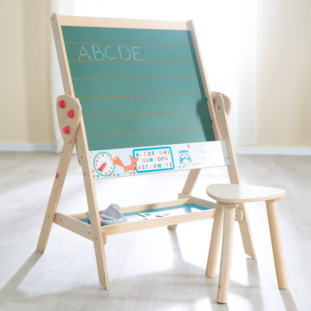 Tableau pivotant double face avec tabouret vert / naturel